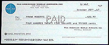 Pay check from Pan American World Airways (Pan Am)