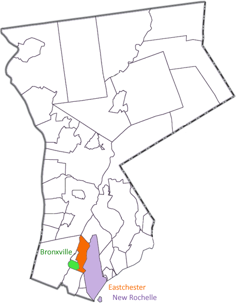 Map of Westchester County (New York) with Bronxville, New Rochelle and Eastchester